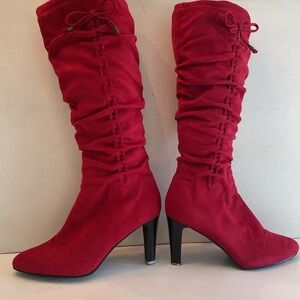 Impo glam cherry red stretch faux suede mid calf boots rouching detail